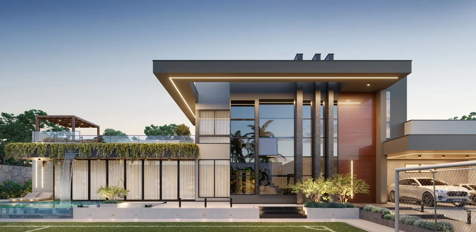Residência A|D: fachada contemporânea com elementos verticais revestidos e pele de vidro