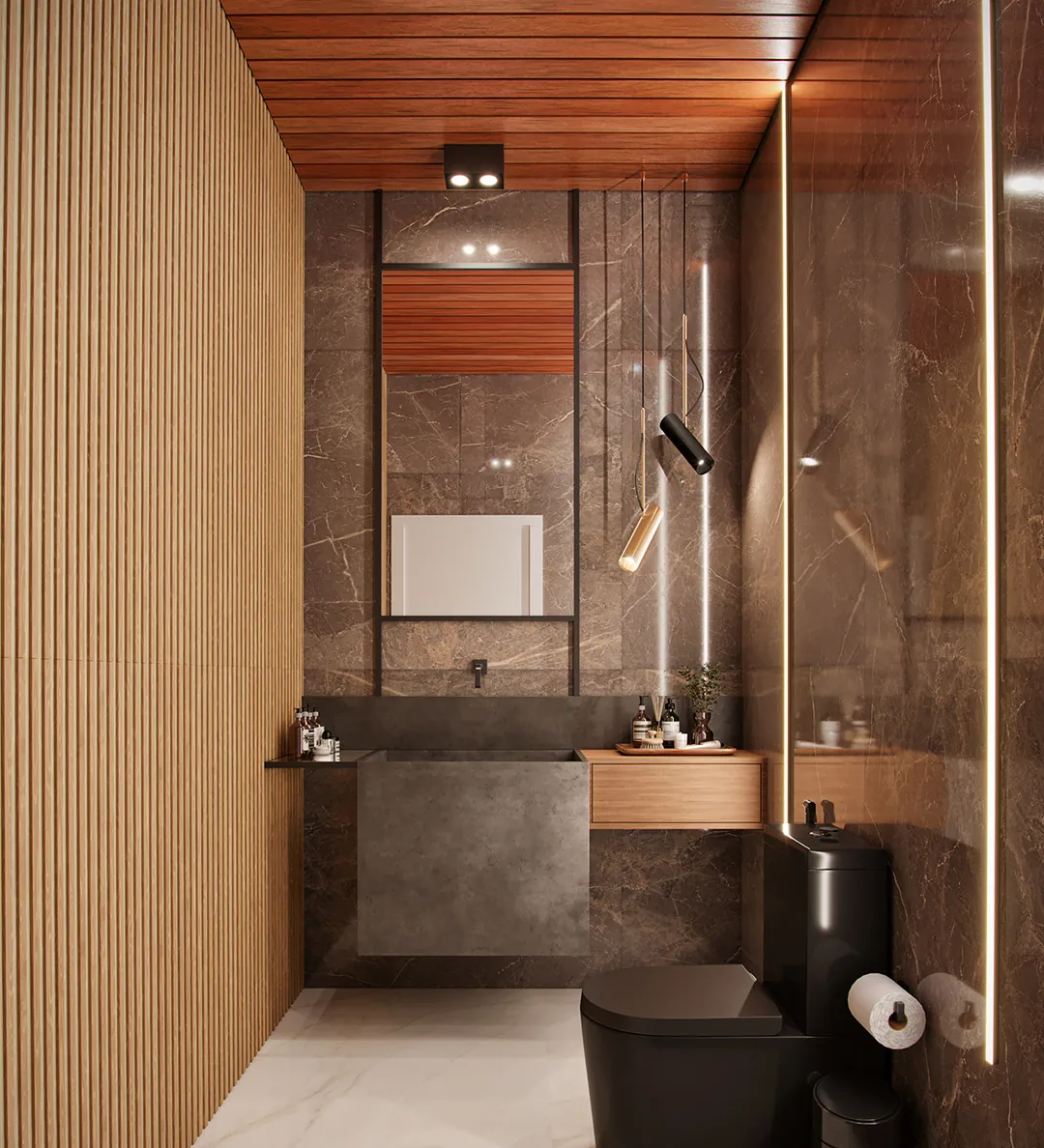 Lavabo A|T em tons escuros com madeira