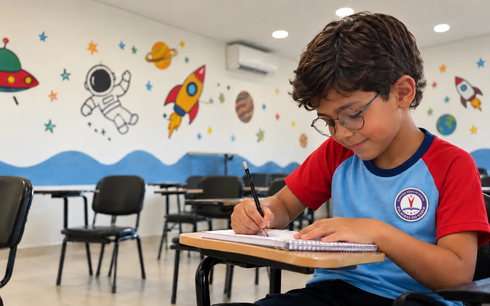 Criança de uniforme escrevendo no caderno em sala de aula com pinturas de espaço nas paredes