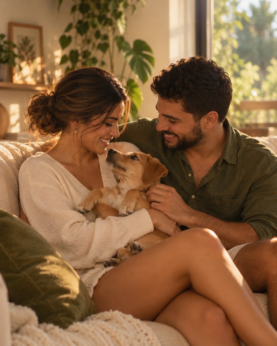O casal no sofá de casa com um cachorro caramelo no colo